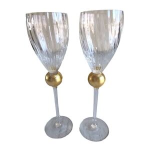 Signed Pair of Union Street Glass "Manhattan Gold" Champagne Flutes - Dated 2007